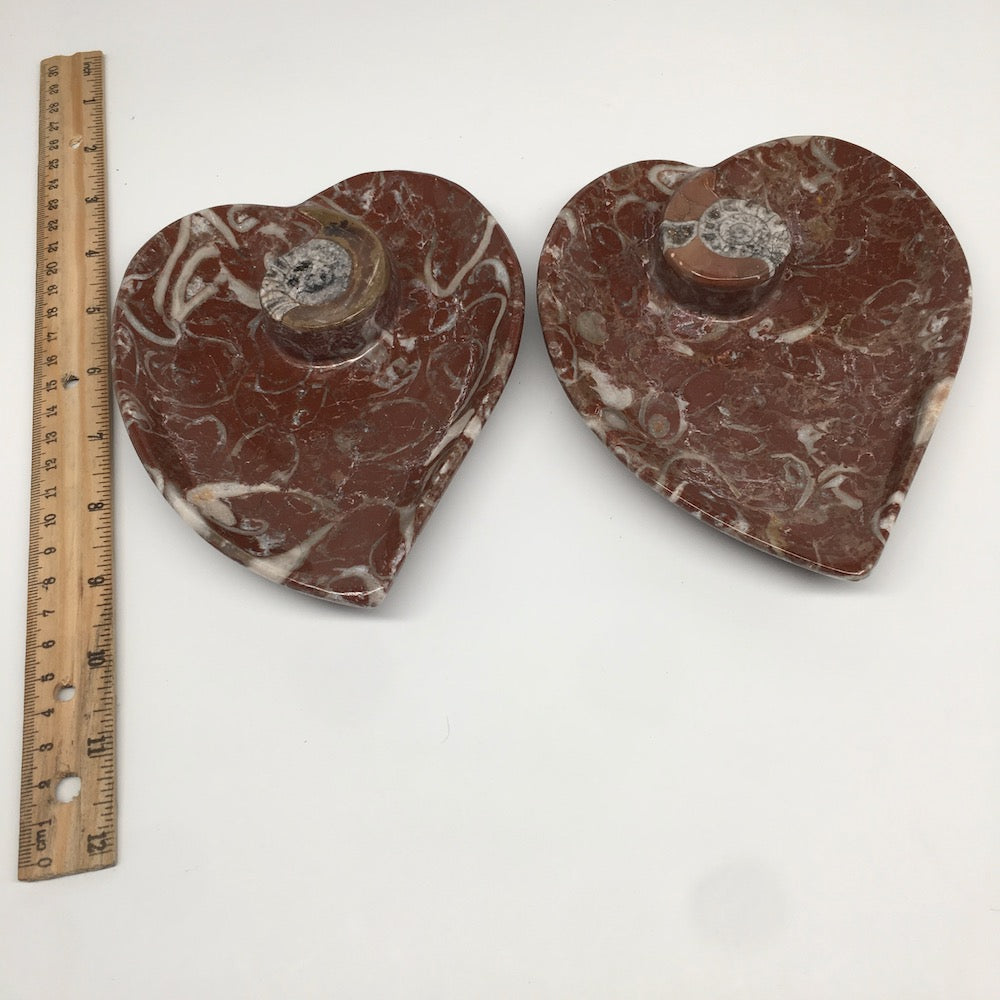 2pcs,6.25"x5.2" Ammonite Fossils Heart Plates Dishes Red Marble @Morocco,MF1356