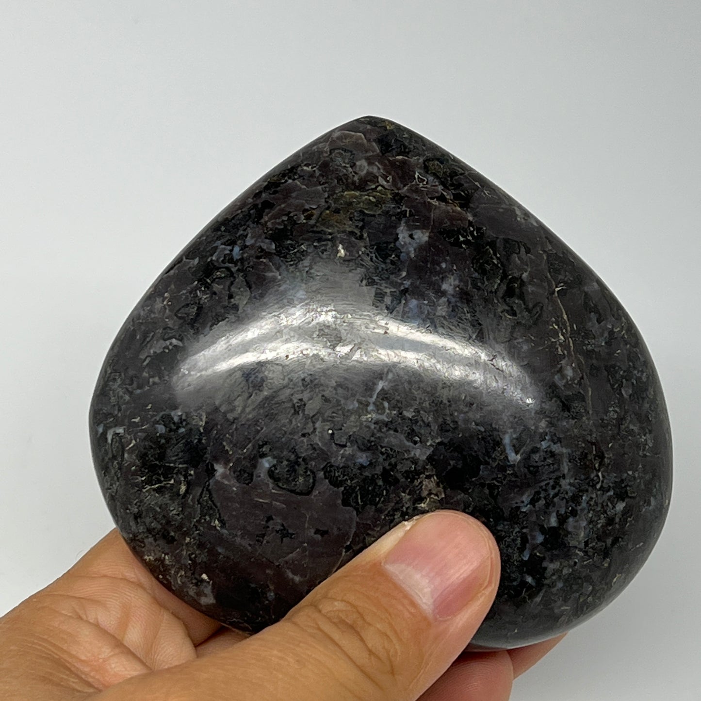 351.8g,3.2"x3.6"x1.3" Indigo Gabro Merlinite Heart Gemstone @Madagascar,B19934