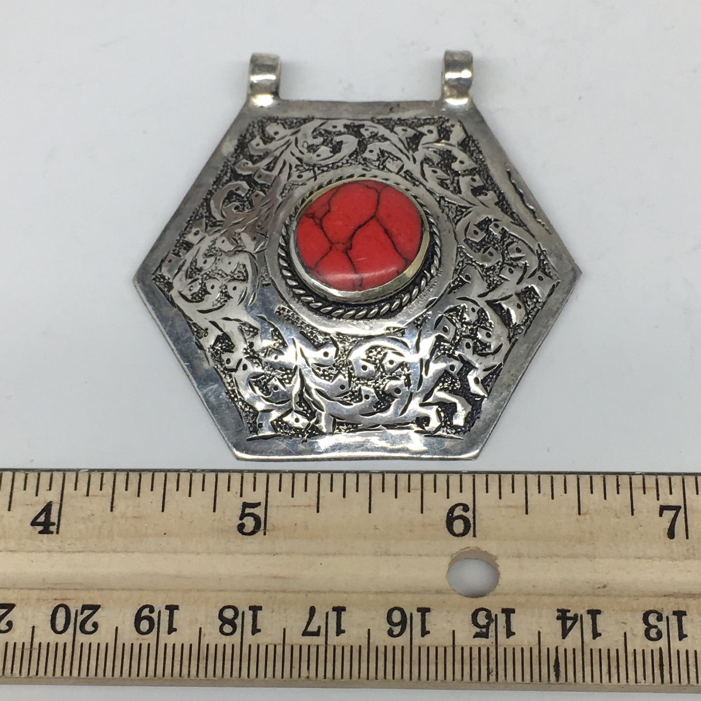 1pc,2.4"x2.4"x0.6",Turkmen Pendant Red Coral Inlay Hexagon Shape Statement,TN604