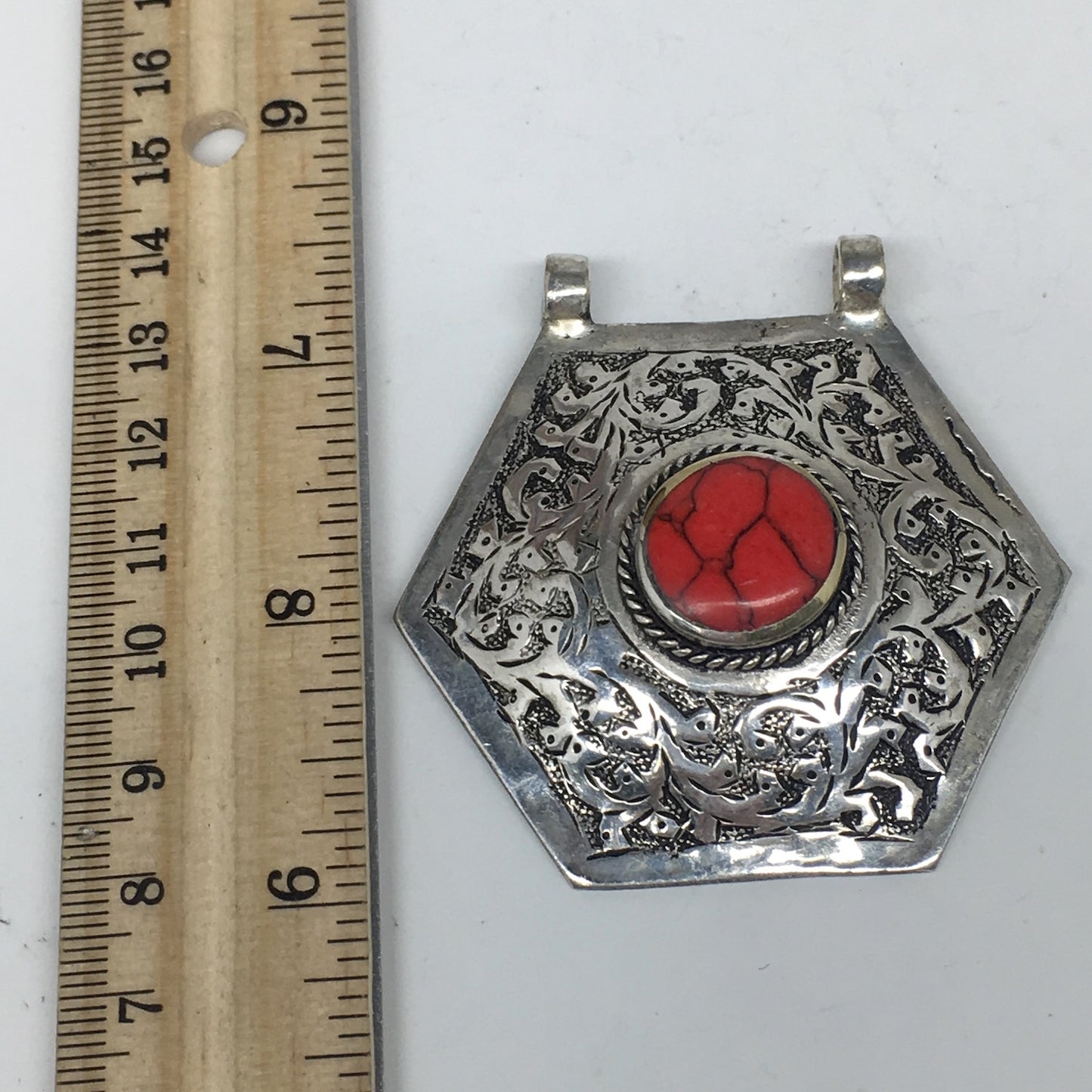 1pc,2.4"x2.4"x0.6",Turkmen Pendant Red Coral Inlay Hexagon Shape Statement,TN604