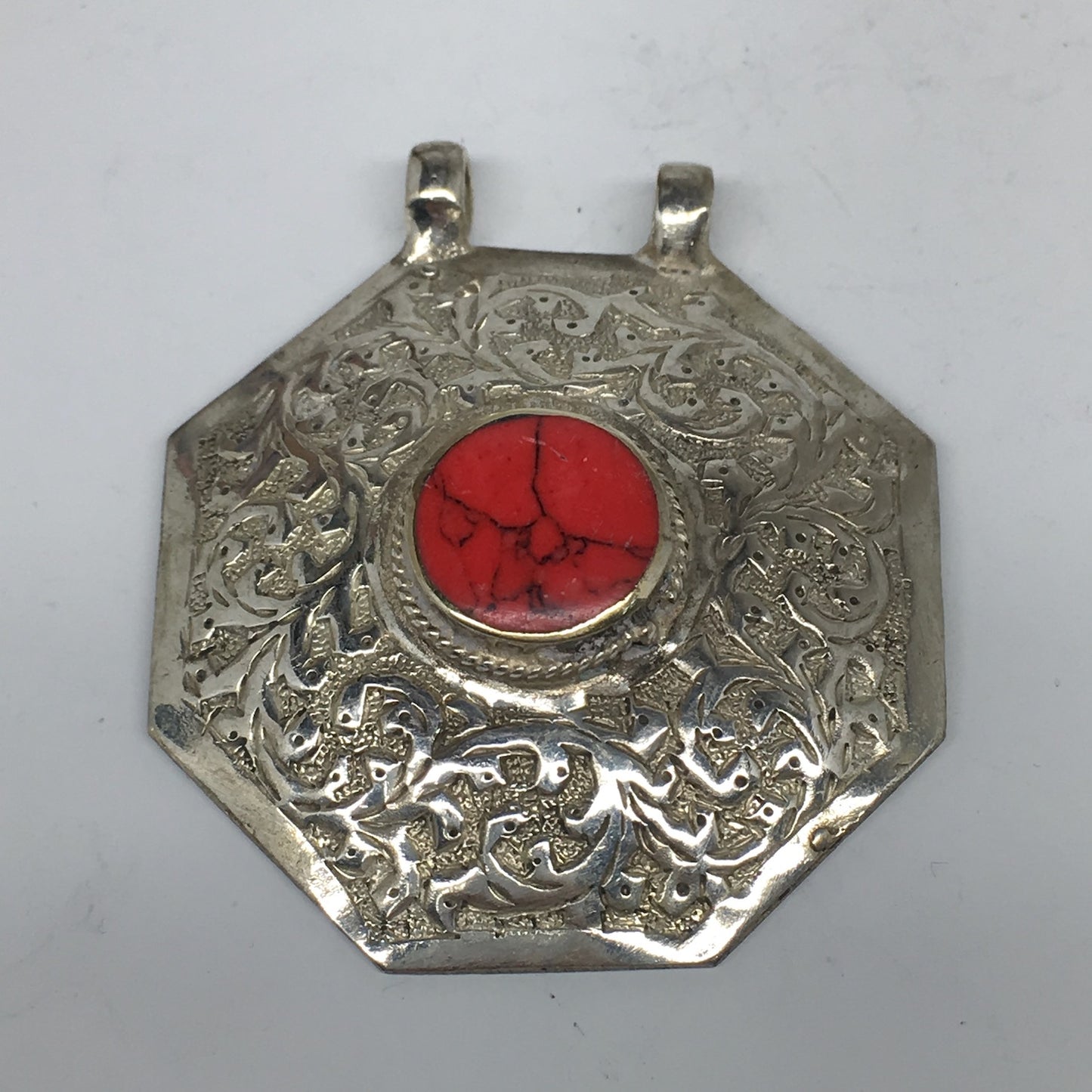 1pc,2.5"x2.2"x0.6,Turkmen Pendant Red Coral Inlay Octagon Shape Statement,TN608