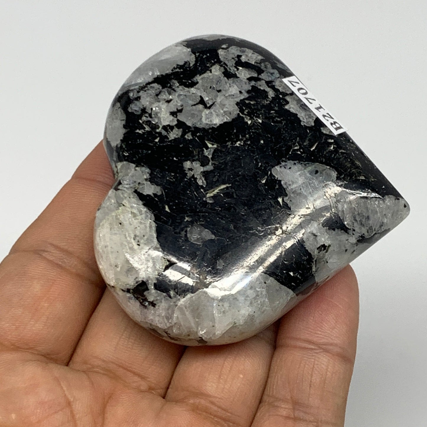 107.4g, 2.3"x2.5"x0.8", Rainbow Moonstone Heart Crystal Gemstone @India, B21707