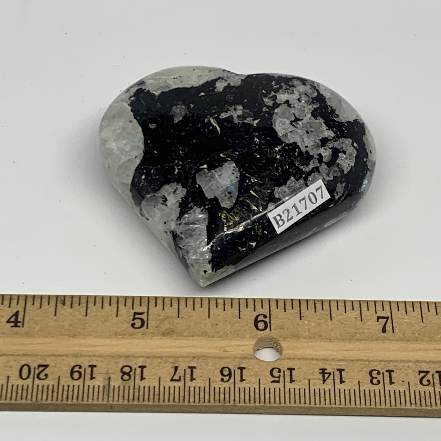 107.4g, 2.3"x2.5"x0.8", Rainbow Moonstone Heart Crystal Gemstone @India, B21707