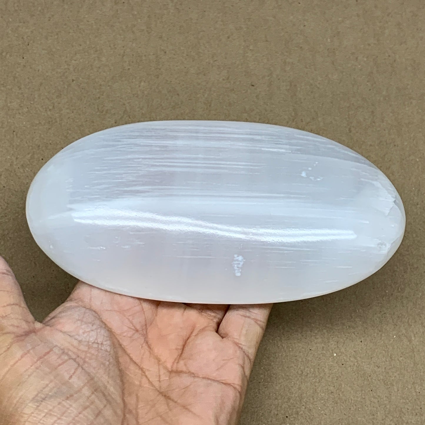 493g, 5.8"x3"x1.3", White Selenite Palmstone Crystal Pillow Reiki Morocco, B1290