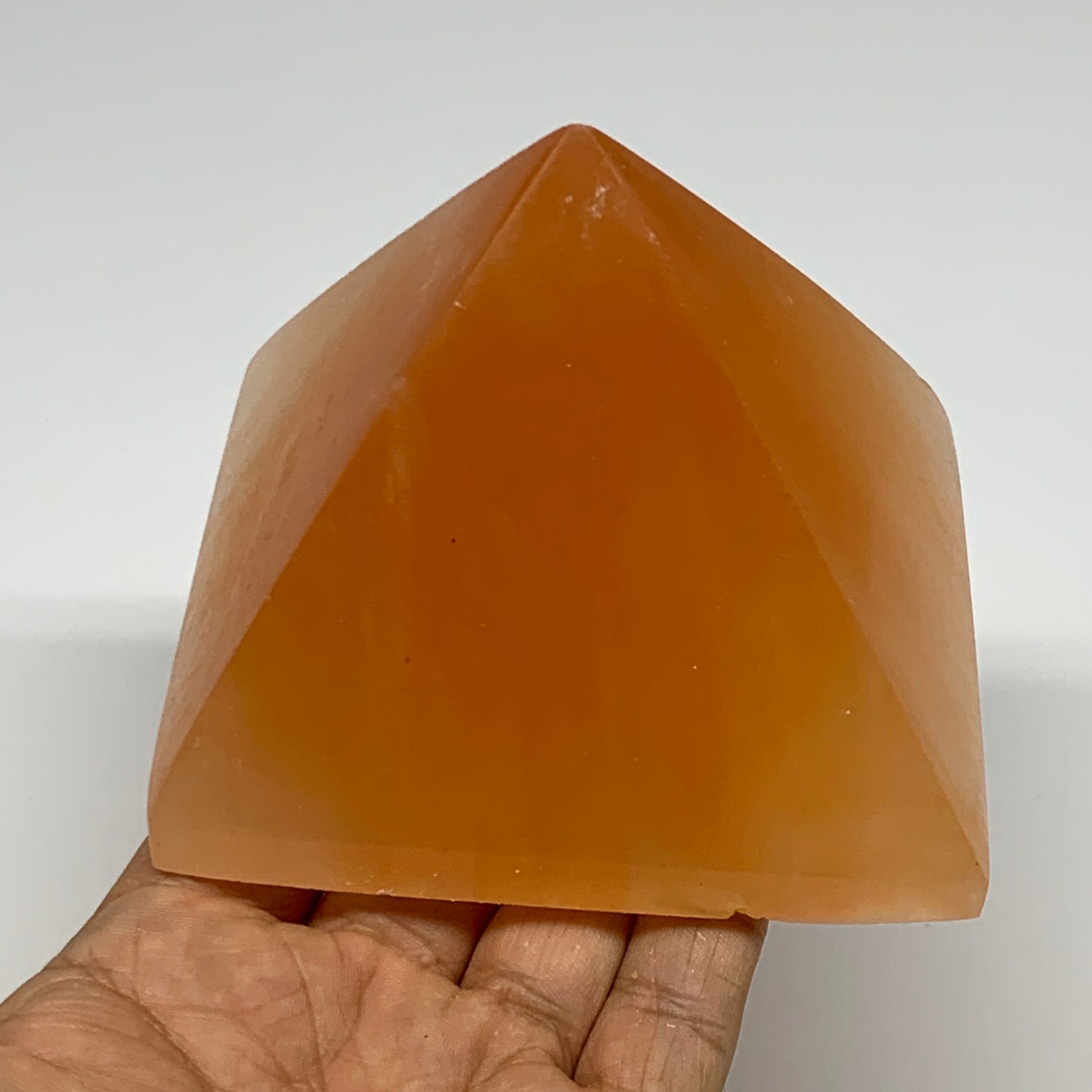 660g, 3"x3.8" Orange Selenite/Satin Spar Pyramid Crystal @Morocco, B24202