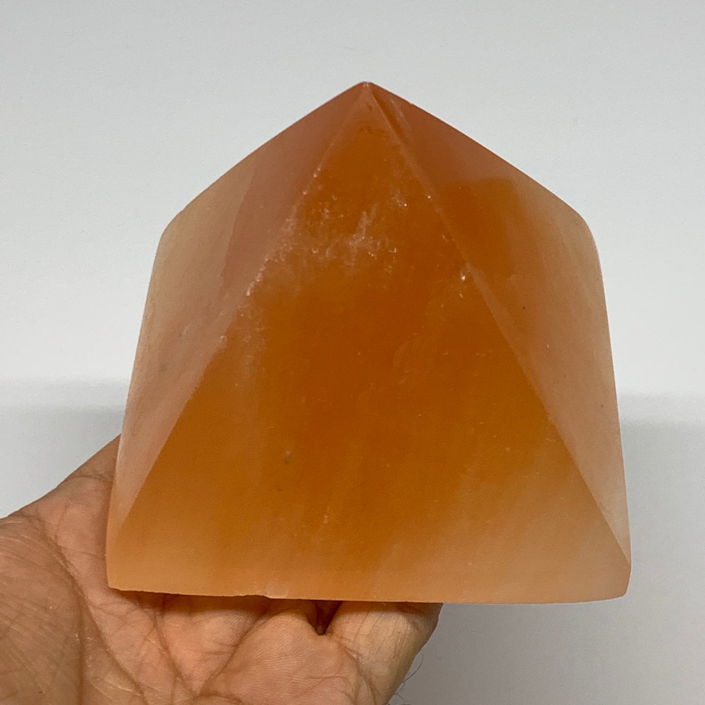 660g, 3"x3.8" Orange Selenite/Satin Spar Pyramid Crystal @Morocco, B24202