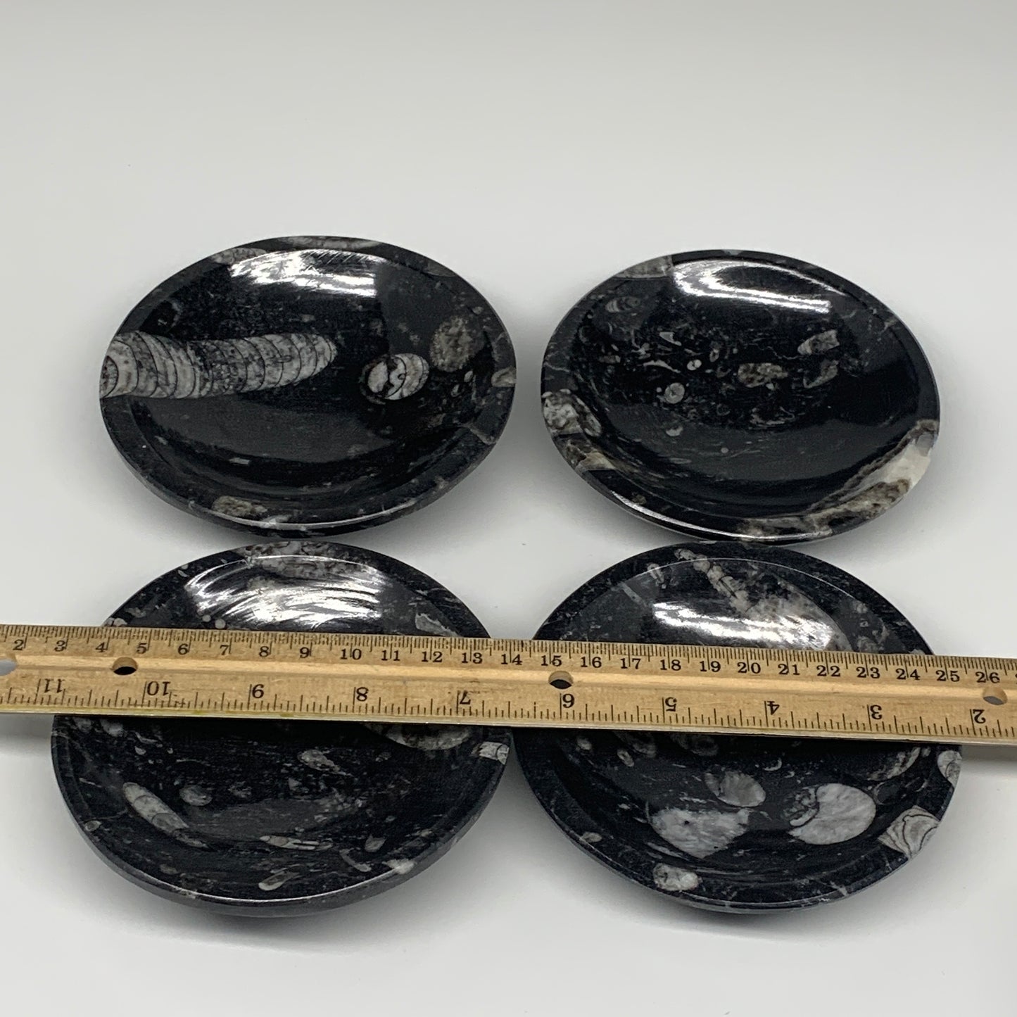 970g, 4pcs, 4.3" Small Fossils Ammonite Orthoceras Bowl Round Shape, B8864