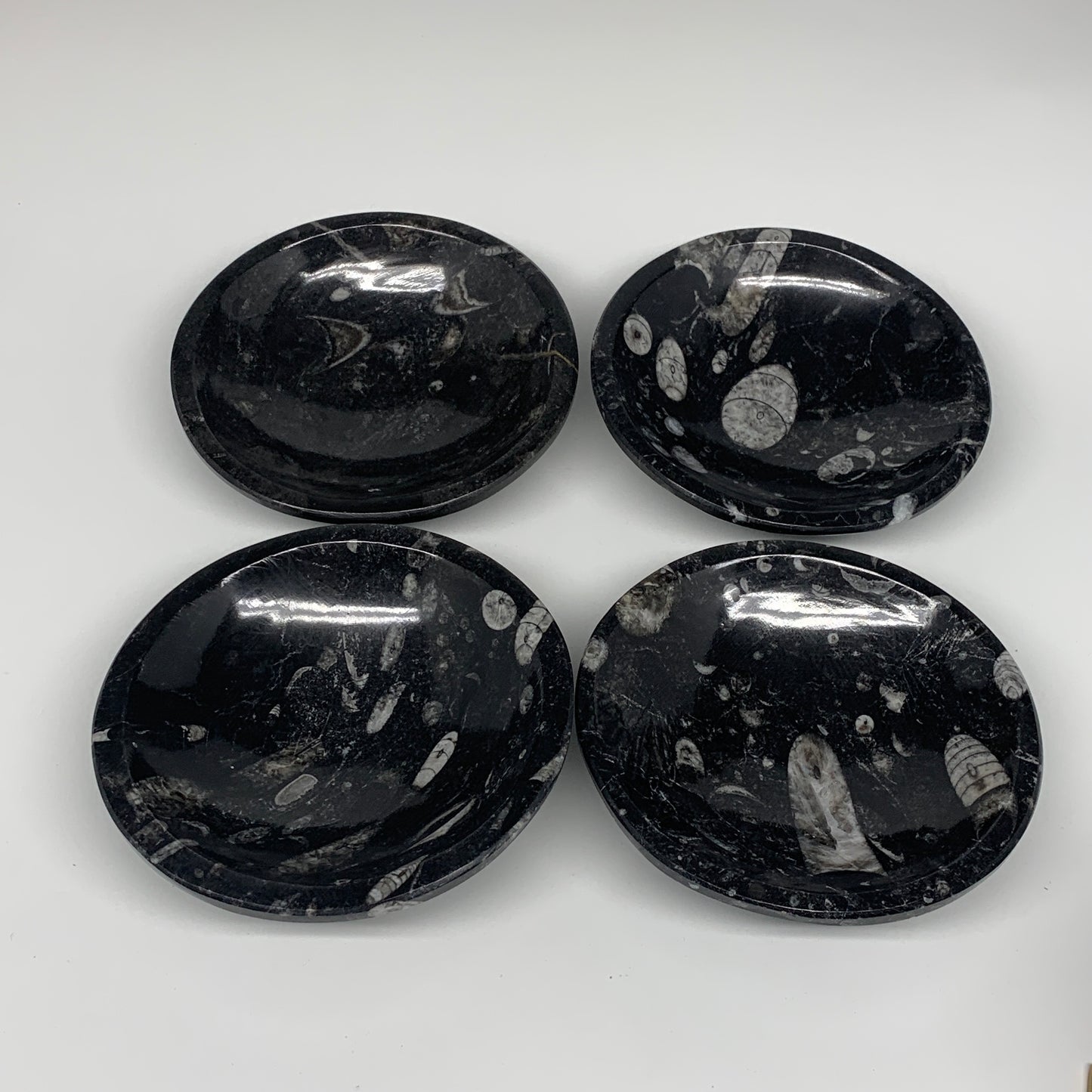 940g, 4pcs, 4.3" Small Fossils Ammonite Orthoceras Bowl Round Shape, B8866