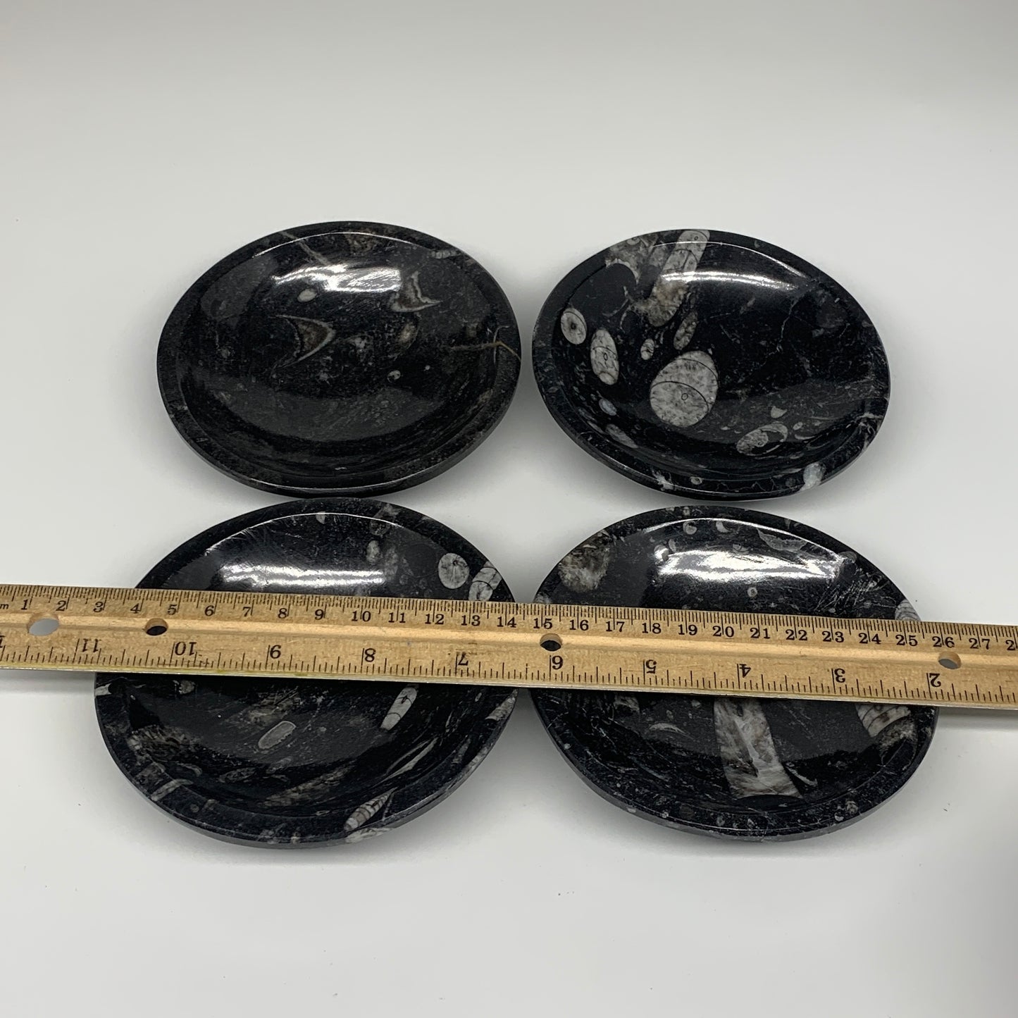 940g, 4pcs, 4.3" Small Fossils Ammonite Orthoceras Bowl Round Shape, B8866