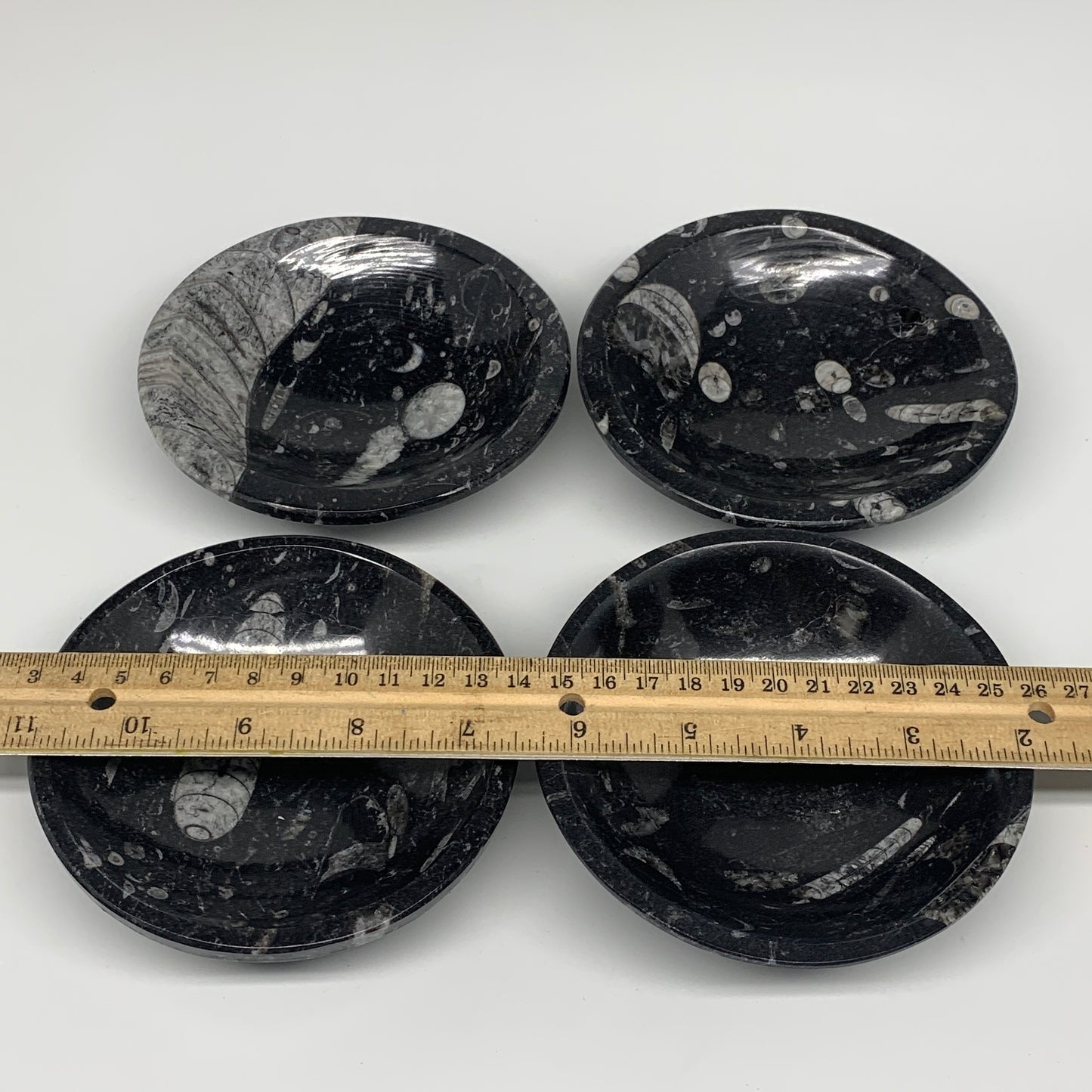 930g, 4pcs, 4.3" Small Fossils Ammonite Orthoceras Bowl Round Shape, B8867