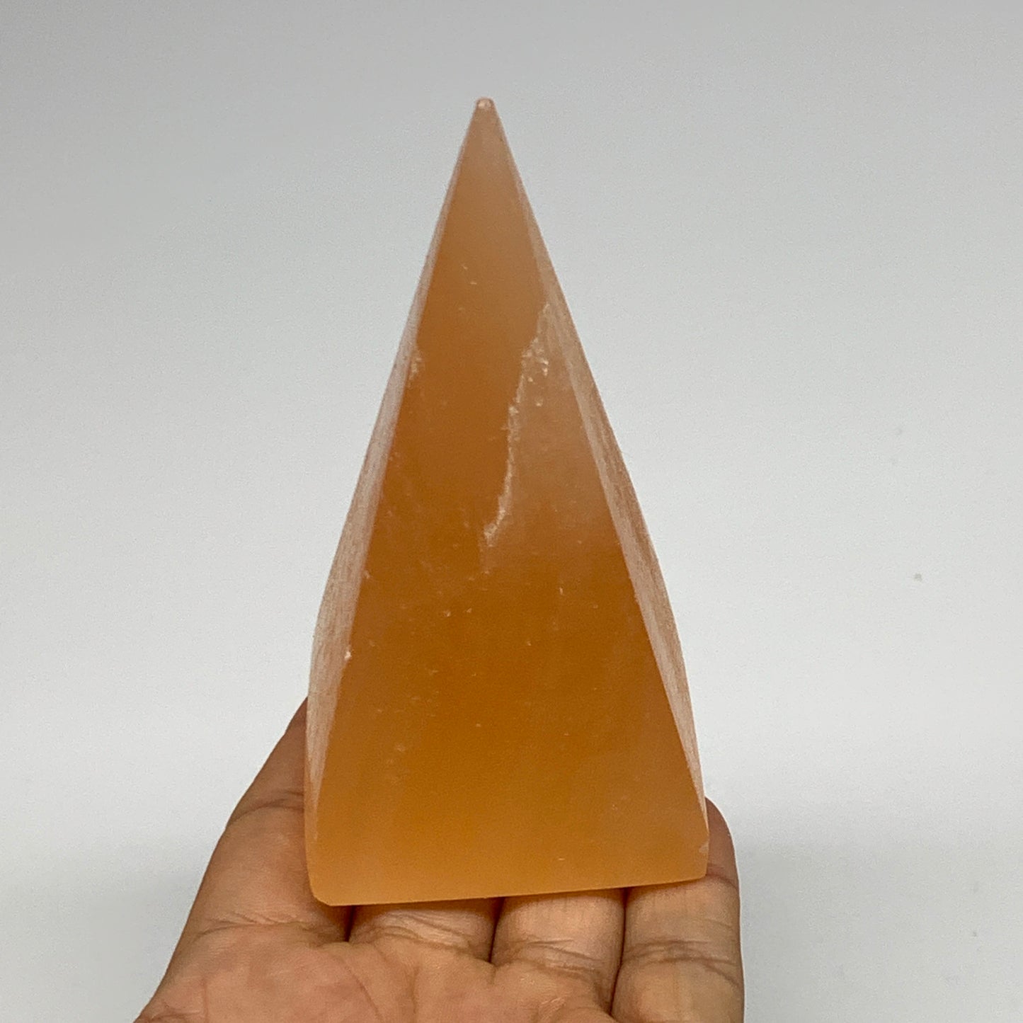 248g, 4"x2.1" Orange Selenite/Satin Spar Pyramid Crystal @Morocco, B24217