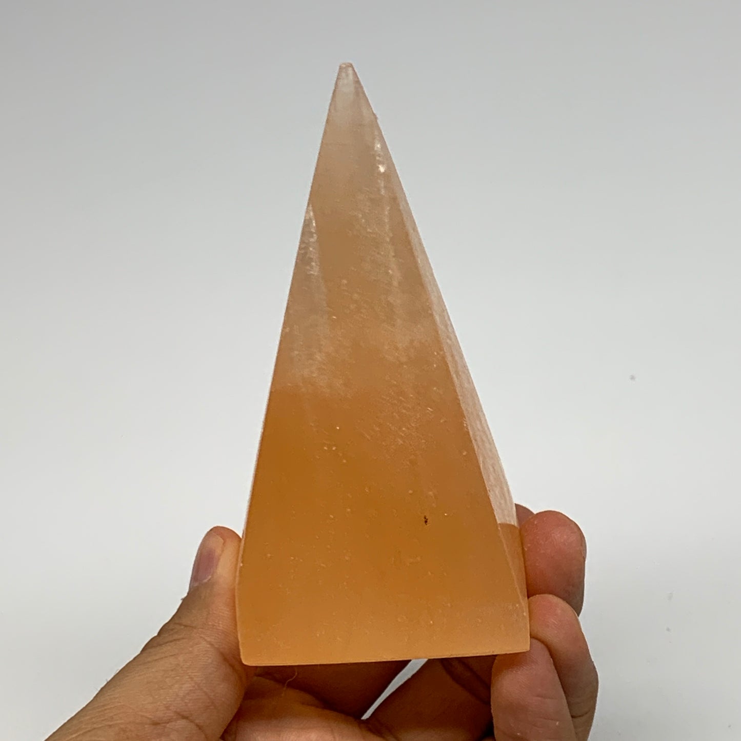 248g, 4"x2.1" Orange Selenite/Satin Spar Pyramid Crystal @Morocco, B24217