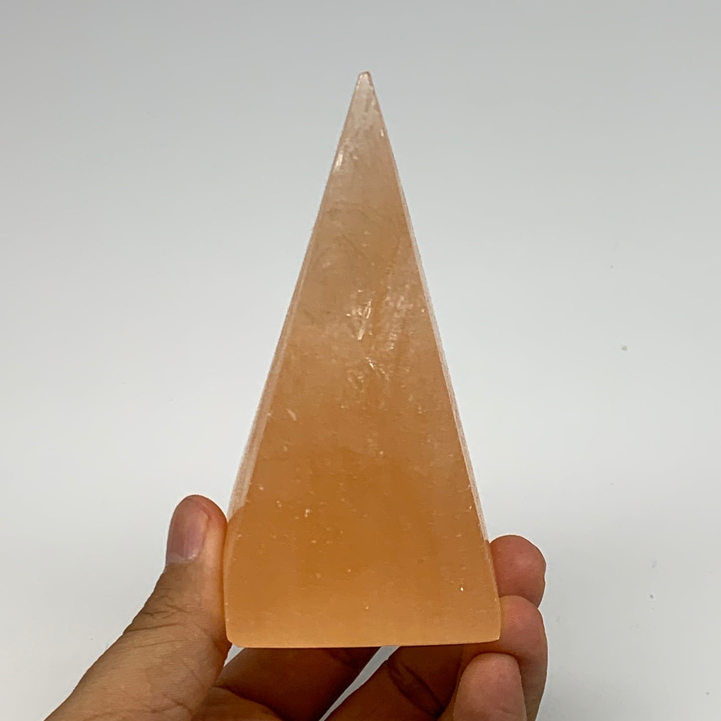 248g, 4"x2.1" Orange Selenite/Satin Spar Pyramid Crystal @Morocco, B24217