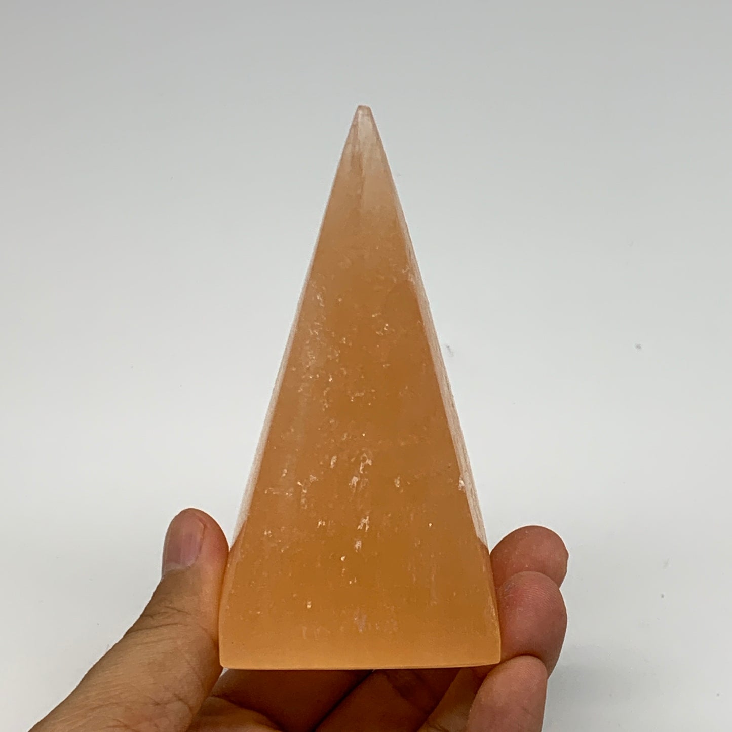 248g, 4"x2.1" Orange Selenite/Satin Spar Pyramid Crystal @Morocco, B24217