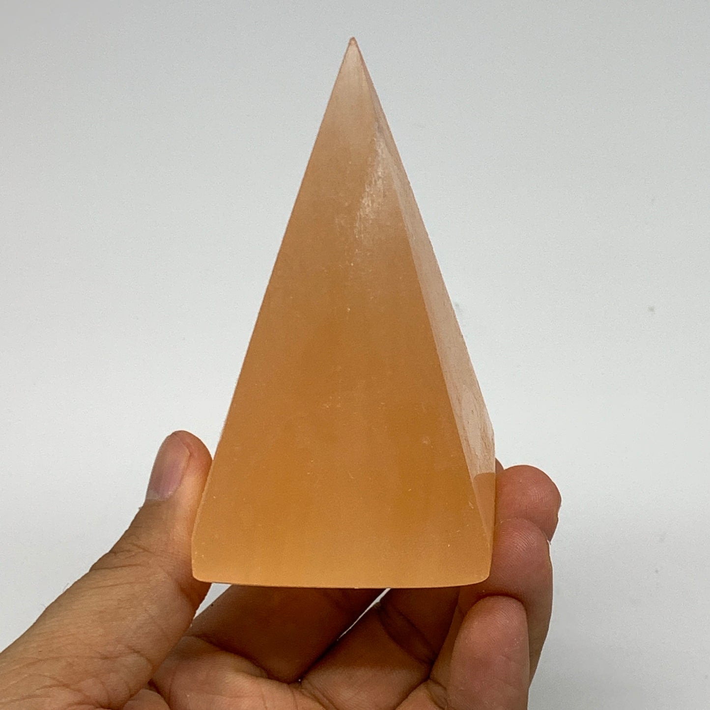 210g, 3.4"x2"  Orange Selenite/Satin Spar Pyramid Crystal @Morocco, B24221