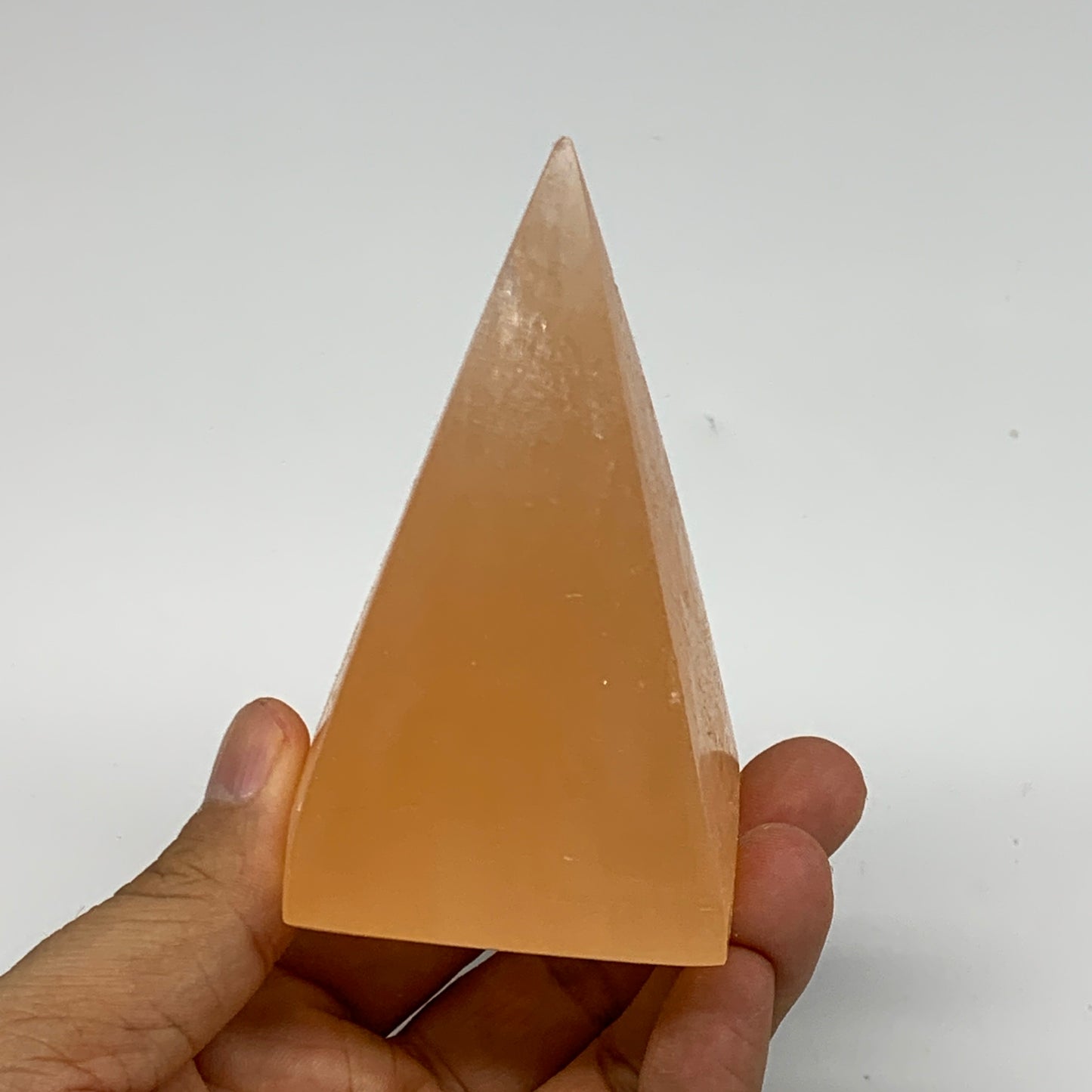 210g, 3.4"x2"  Orange Selenite/Satin Spar Pyramid Crystal @Morocco, B24221