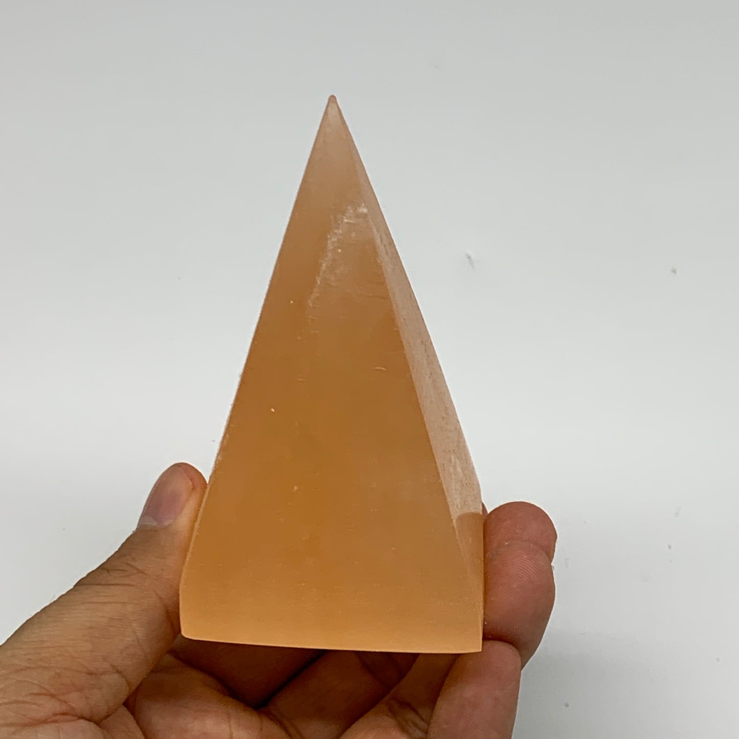 210g, 3.4"x2"  Orange Selenite/Satin Spar Pyramid Crystal @Morocco, B24221