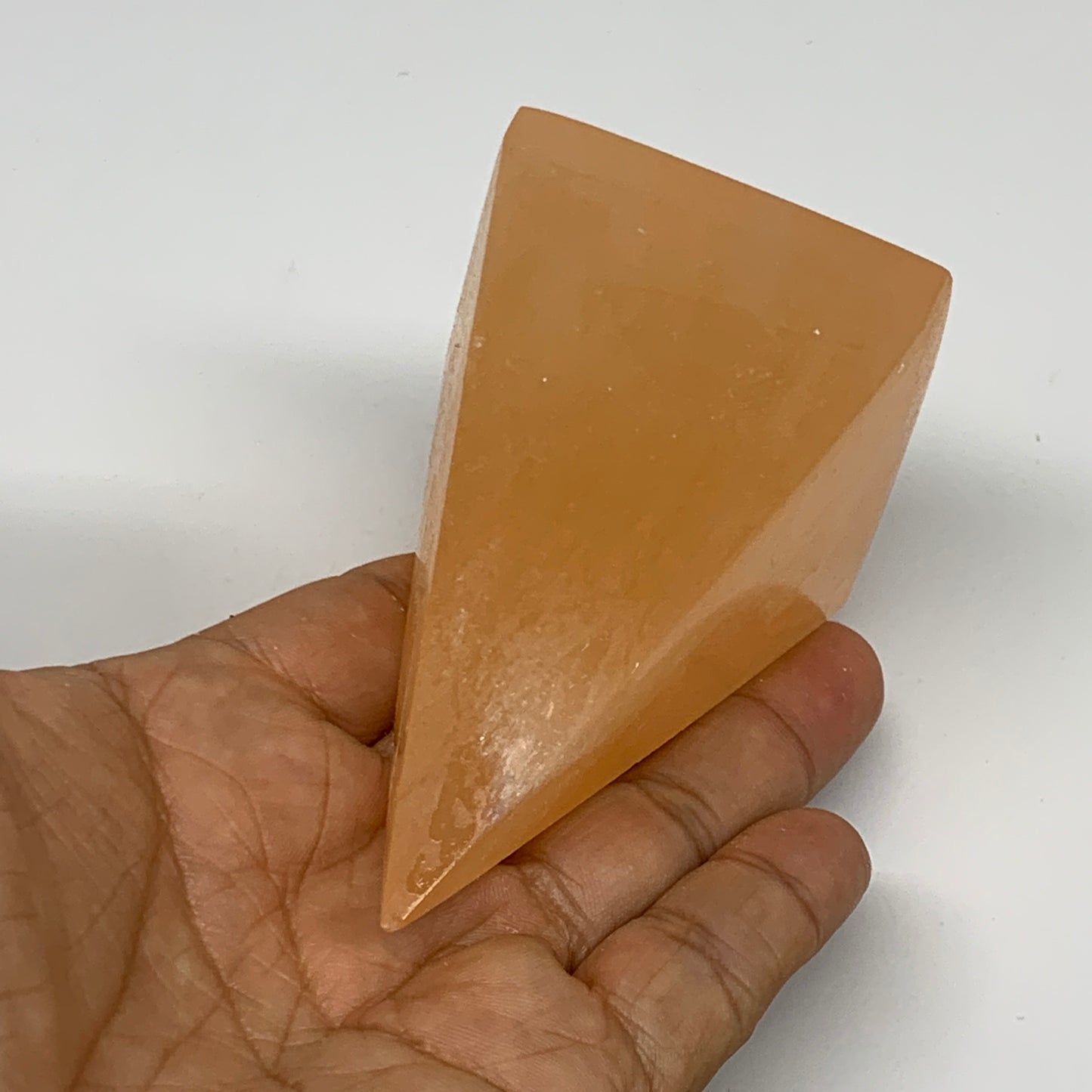 210g, 3.4"x2"  Orange Selenite/Satin Spar Pyramid Crystal @Morocco, B24221