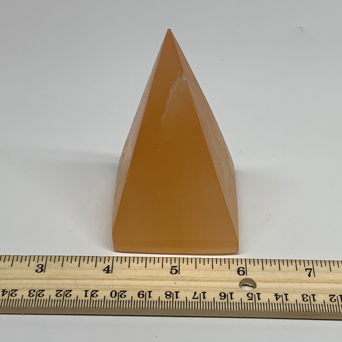 210g, 3.4"x2"  Orange Selenite/Satin Spar Pyramid Crystal @Morocco, B24221