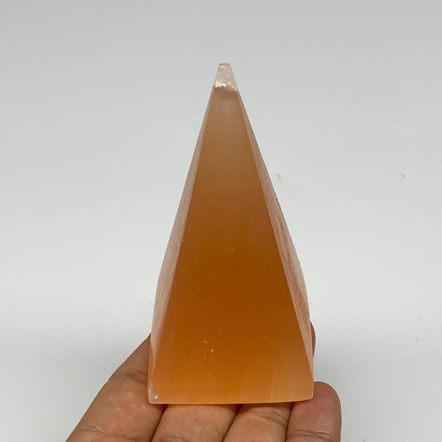 169g, 3.7"x1.8"  Orange Selenite/Satin Spar Pyramid Crystal @Morocco, B24225