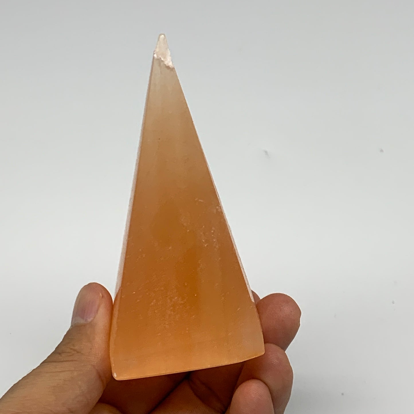 169g, 3.7"x1.8"  Orange Selenite/Satin Spar Pyramid Crystal @Morocco, B24225