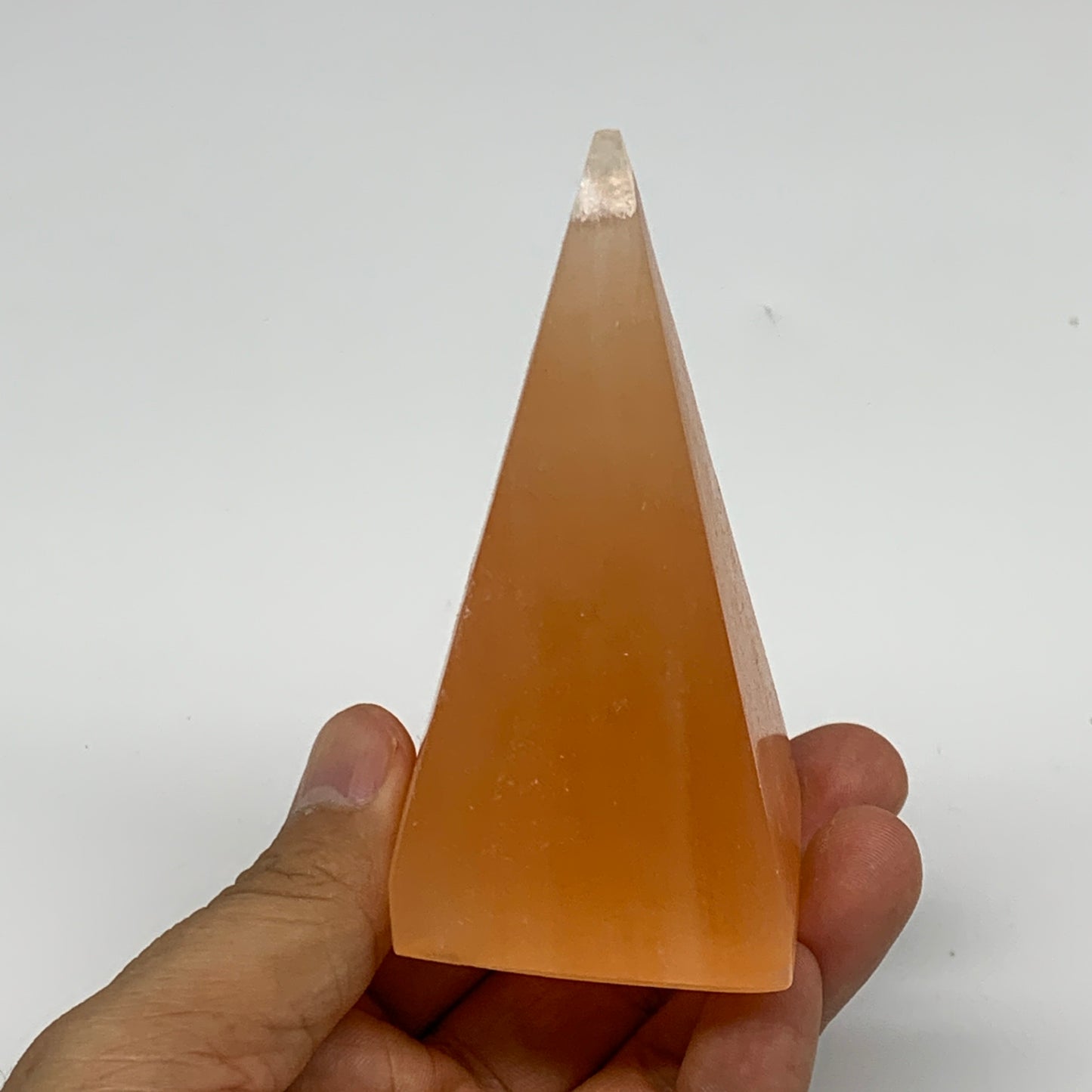 169g, 3.7"x1.8"  Orange Selenite/Satin Spar Pyramid Crystal @Morocco, B24225