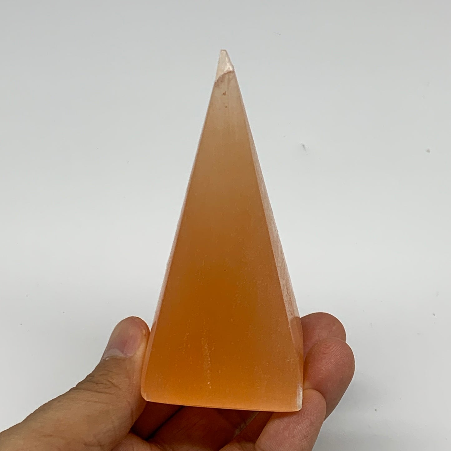 169g, 3.7"x1.8"  Orange Selenite/Satin Spar Pyramid Crystal @Morocco, B24225