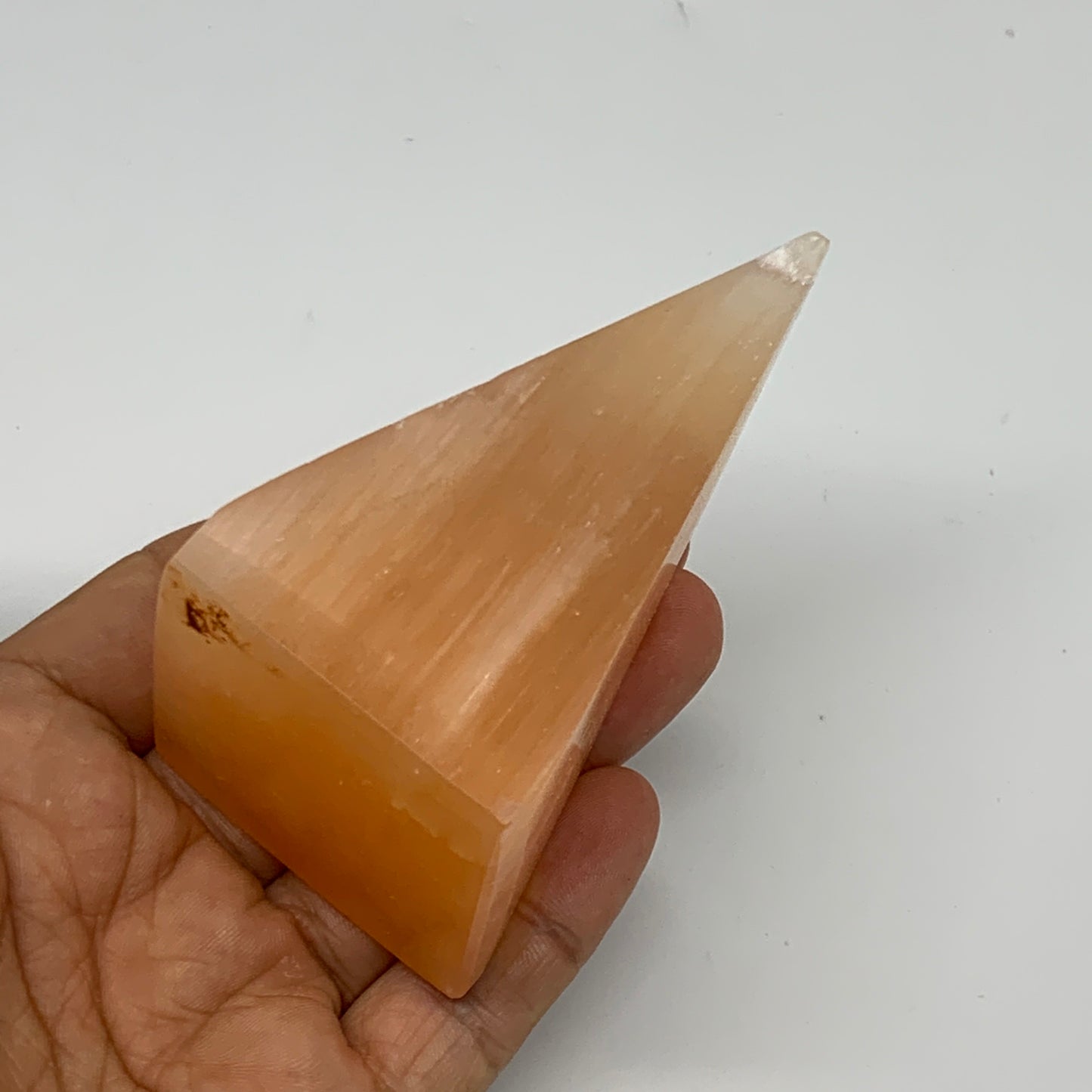 169g, 3.7"x1.8"  Orange Selenite/Satin Spar Pyramid Crystal @Morocco, B24225