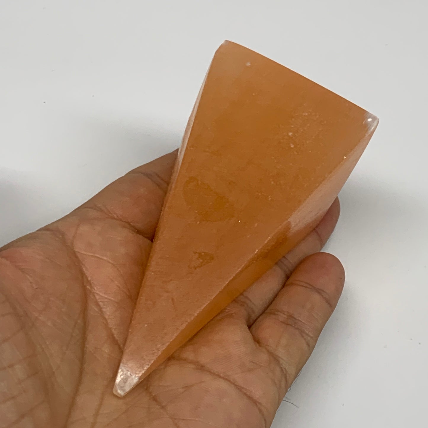 169g, 3.7"x1.8"  Orange Selenite/Satin Spar Pyramid Crystal @Morocco, B24225