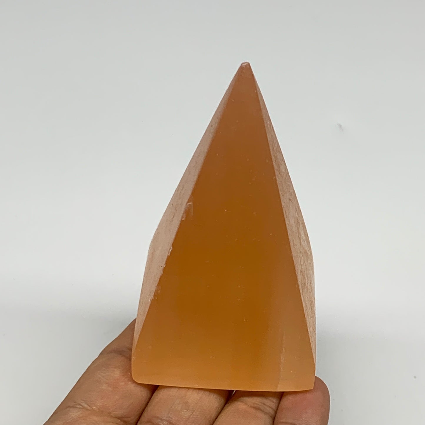 218g, 3.4"x2"  Orange Selenite/Satin Spar Pyramid Crystal @Morocco, B24226