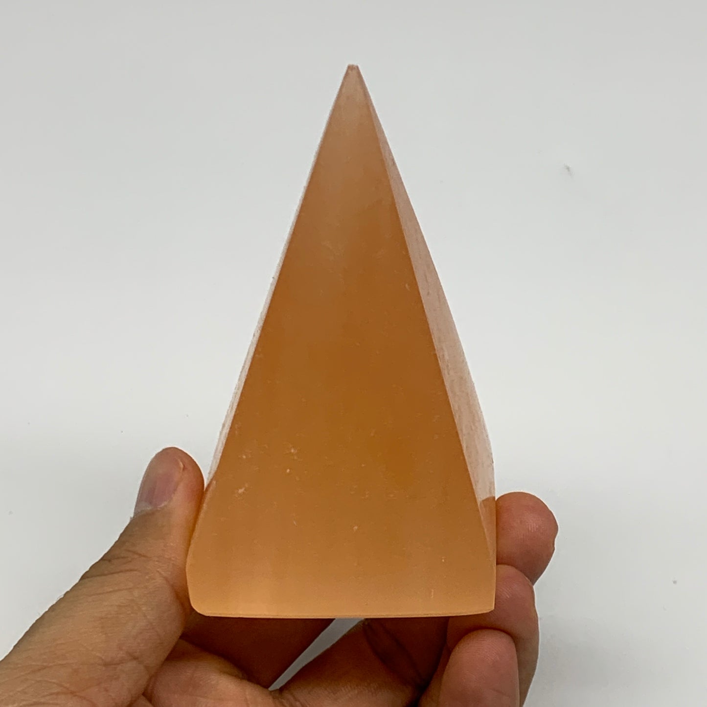 218g, 3.4"x2"  Orange Selenite/Satin Spar Pyramid Crystal @Morocco, B24226