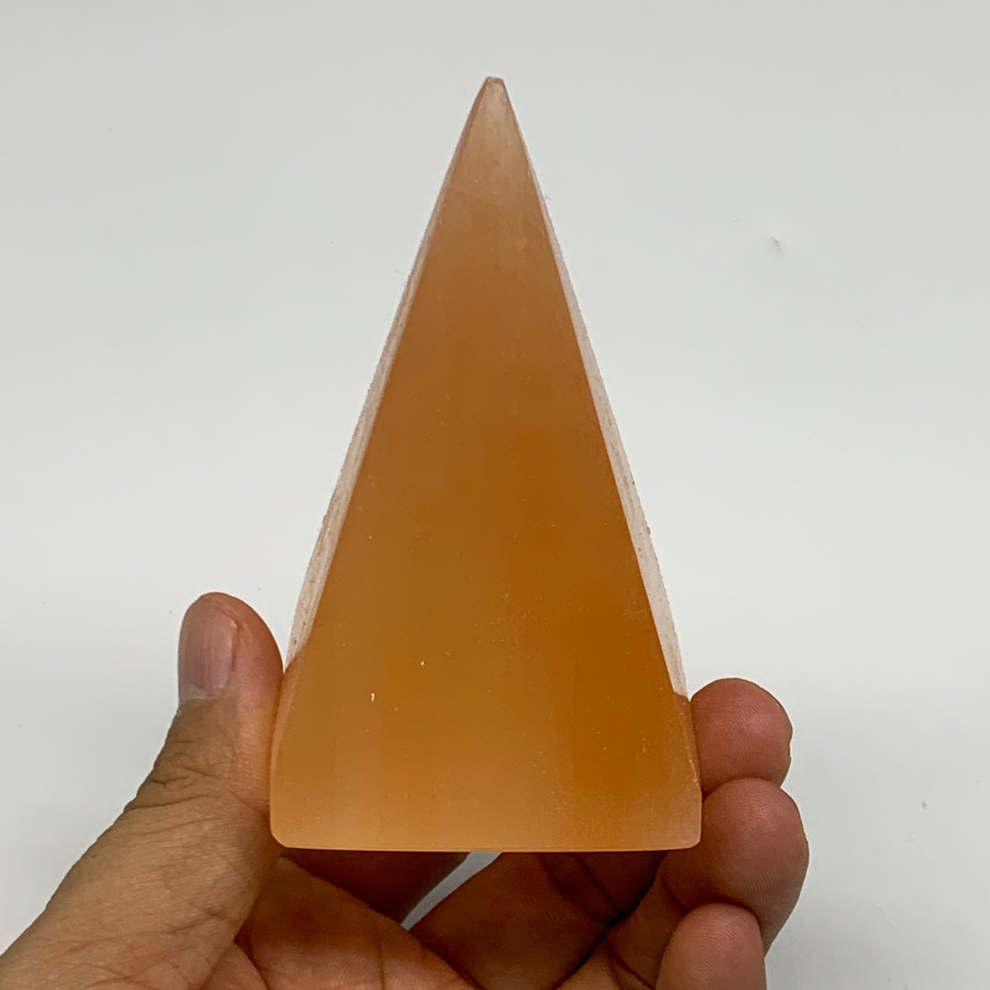 218g, 3.4"x2"  Orange Selenite/Satin Spar Pyramid Crystal @Morocco, B24226