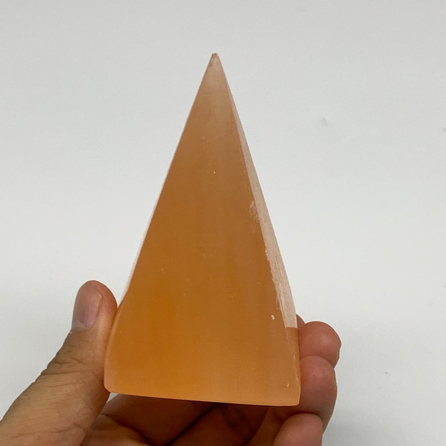 218g, 3.4"x2"  Orange Selenite/Satin Spar Pyramid Crystal @Morocco, B24226