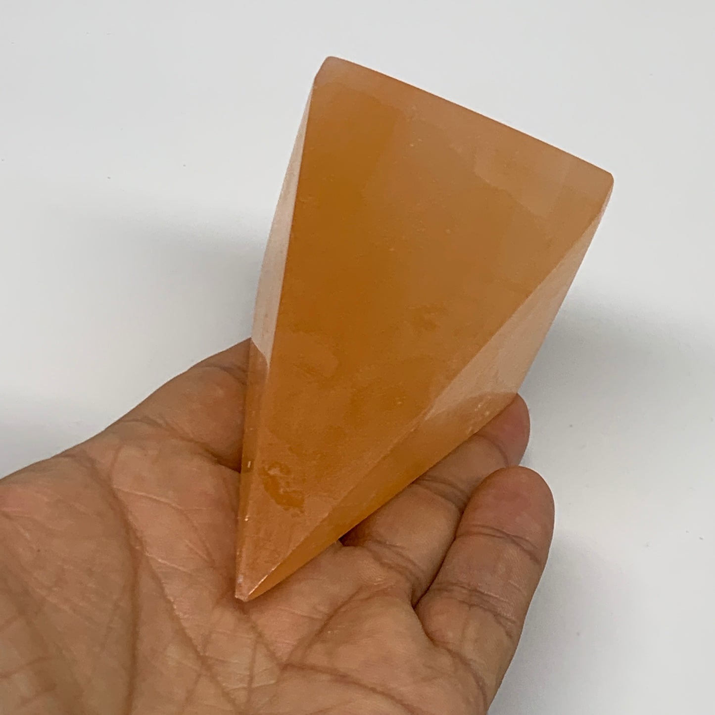 218g, 3.4"x2"  Orange Selenite/Satin Spar Pyramid Crystal @Morocco, B24226