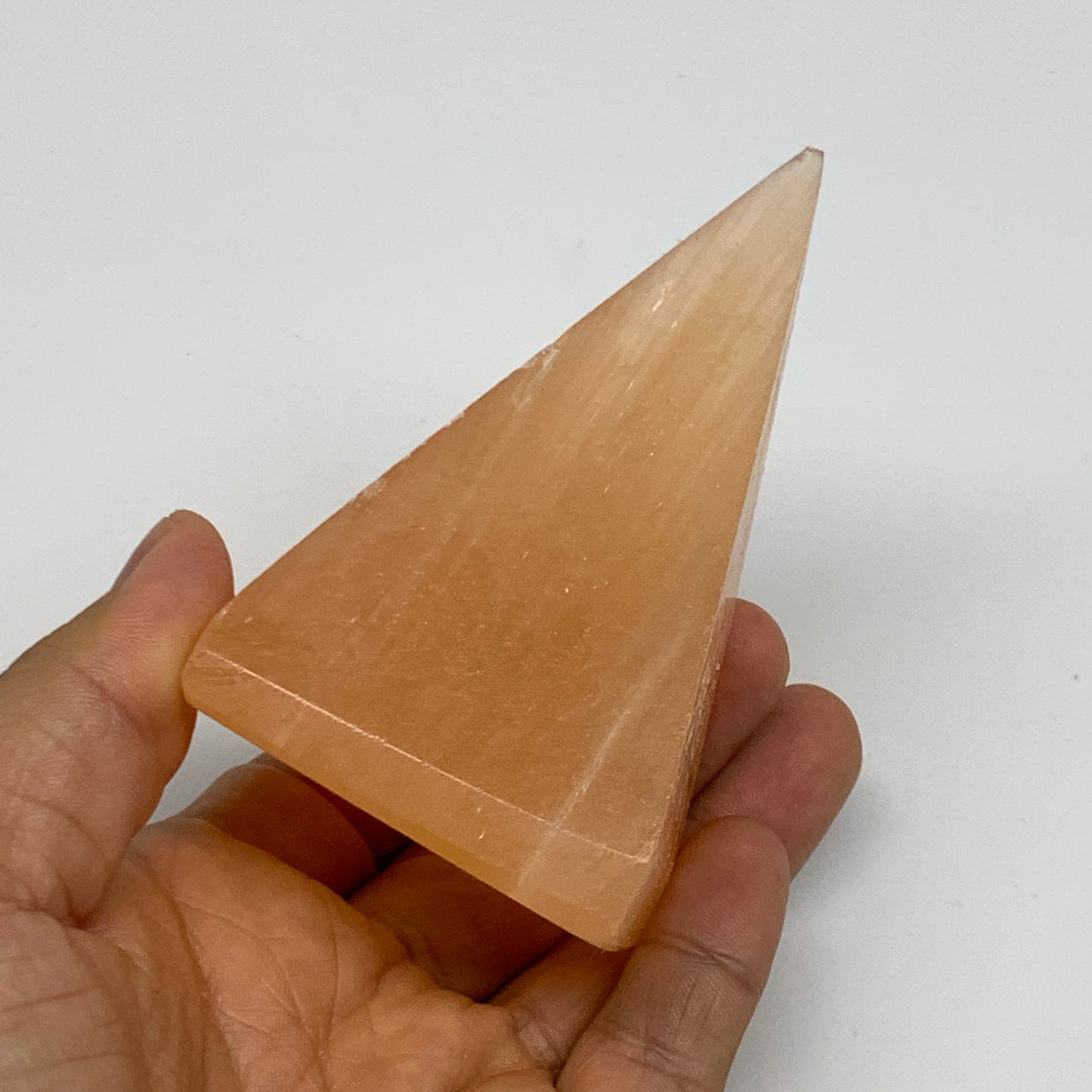 218g, 3.4"x2"  Orange Selenite/Satin Spar Pyramid Crystal @Morocco, B24226