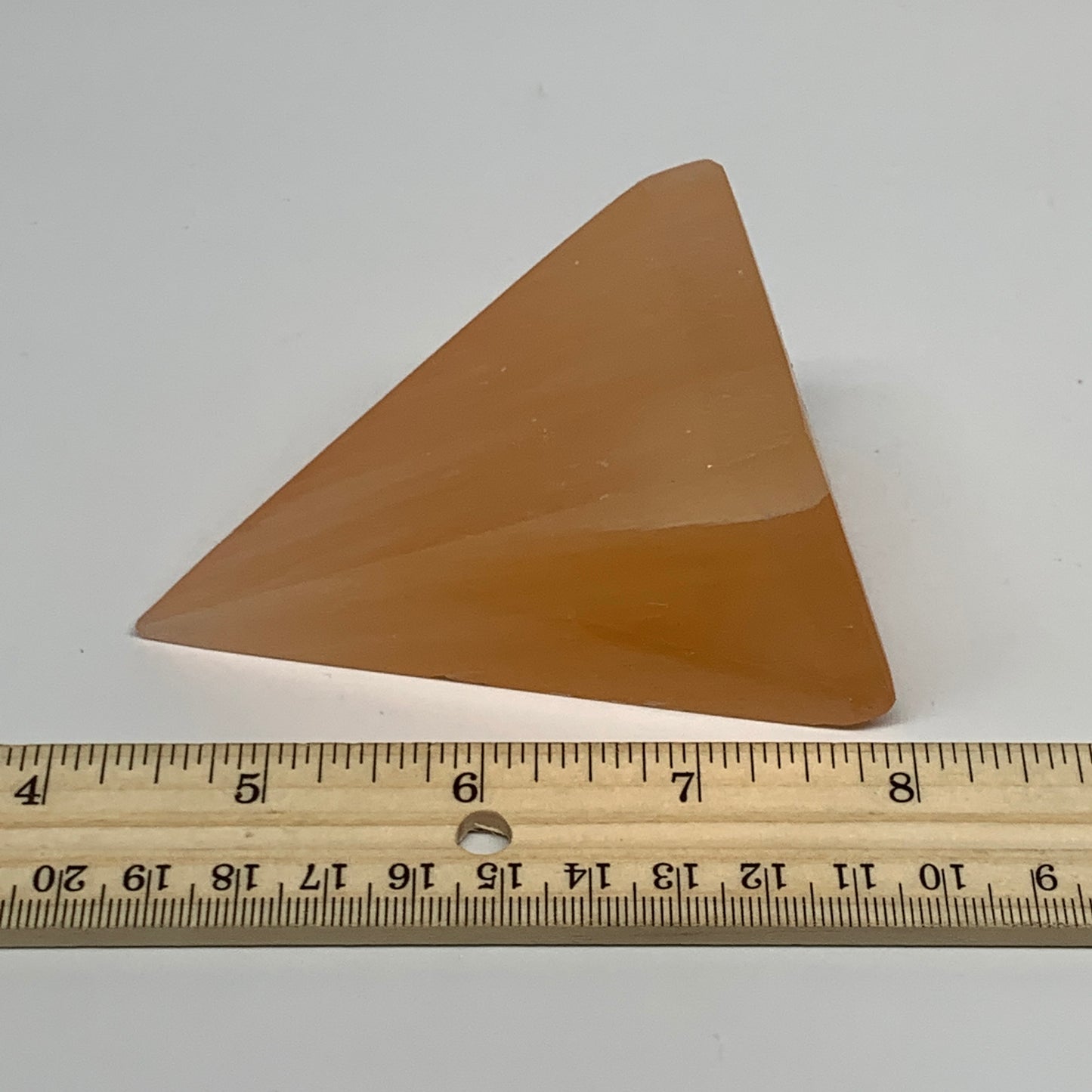 218g, 3.4"x2"  Orange Selenite/Satin Spar Pyramid Crystal @Morocco, B24226