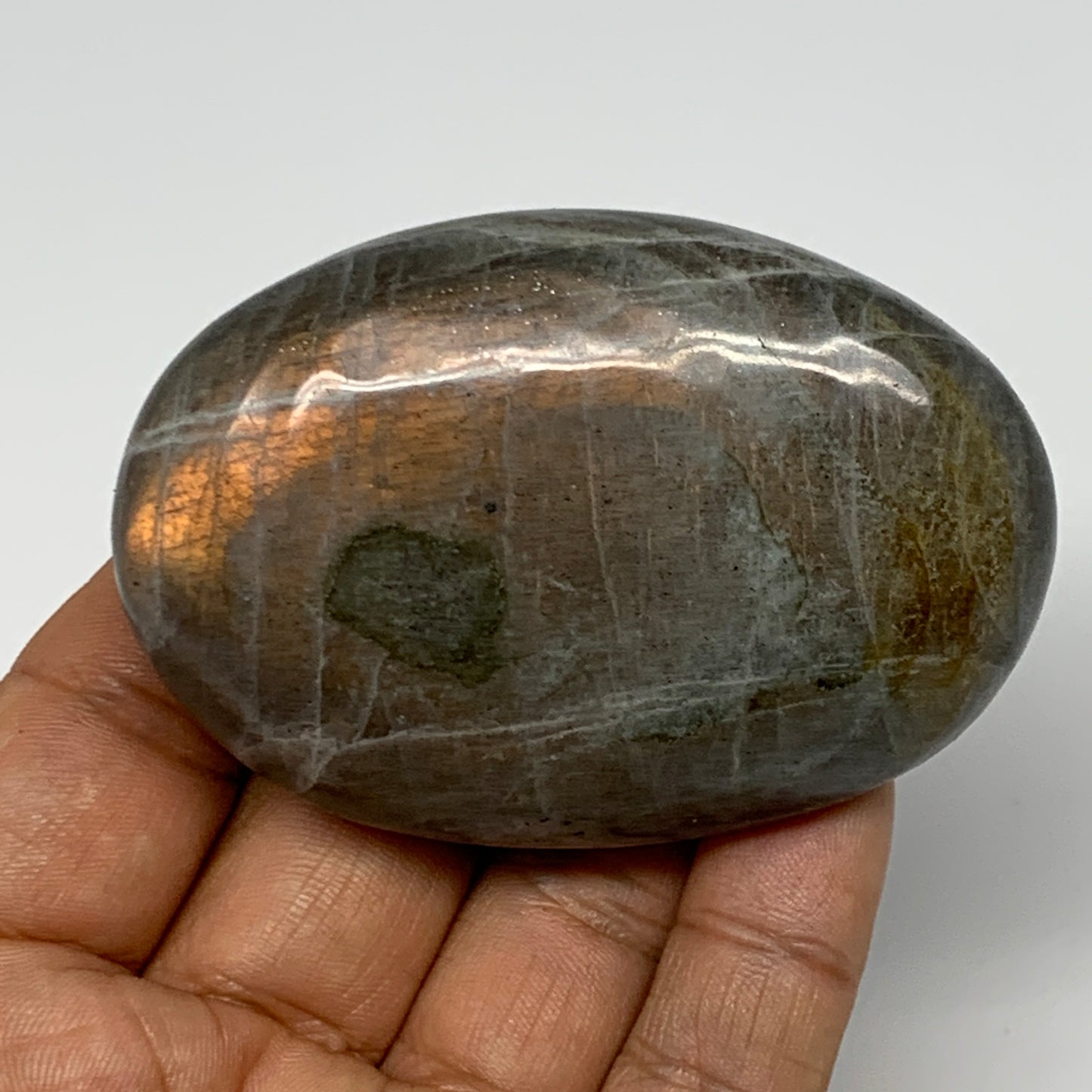 119.6g,2.8"x1.9"x0.9", Labradorite Palm-stone Tumbled Reiki @Madagascar,B16320