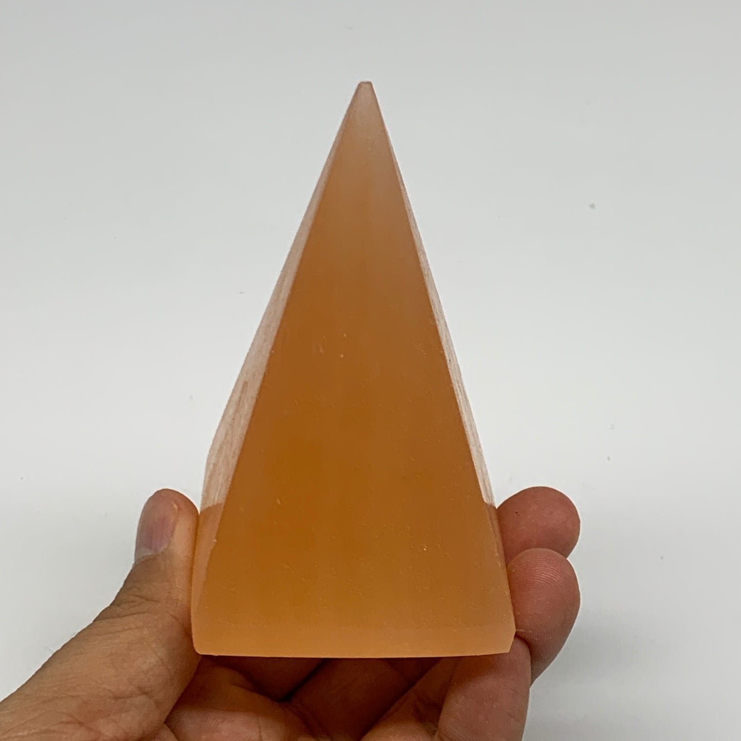 252g, 3.6"x2.2"  Orange Selenite/Satin Spar Pyramid Crystal @Morocco, B24228