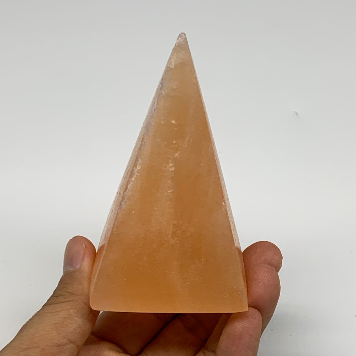 236g, 3.6"x2.2"  Orange Selenite/Satin Spar Pyramid Crystal @Morocco, B24229