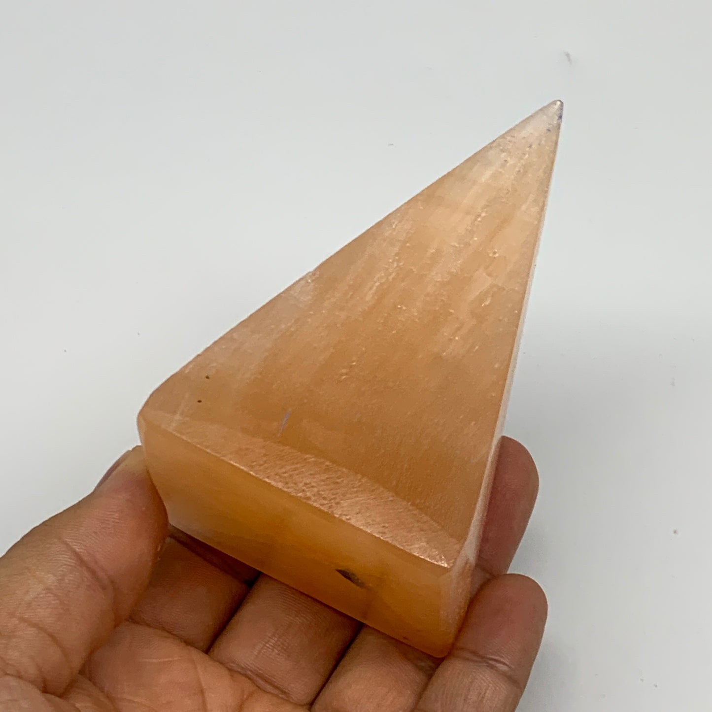 236g, 3.6"x2.2"  Orange Selenite/Satin Spar Pyramid Crystal @Morocco, B24229