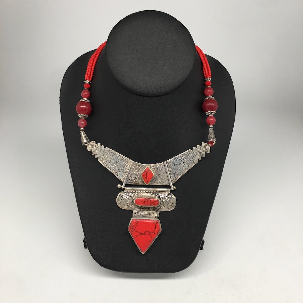 Afghan Turkmen Tribal Coral & Carnelian Inlay Beaded V-Neck Necklace VS02 - watangem.com