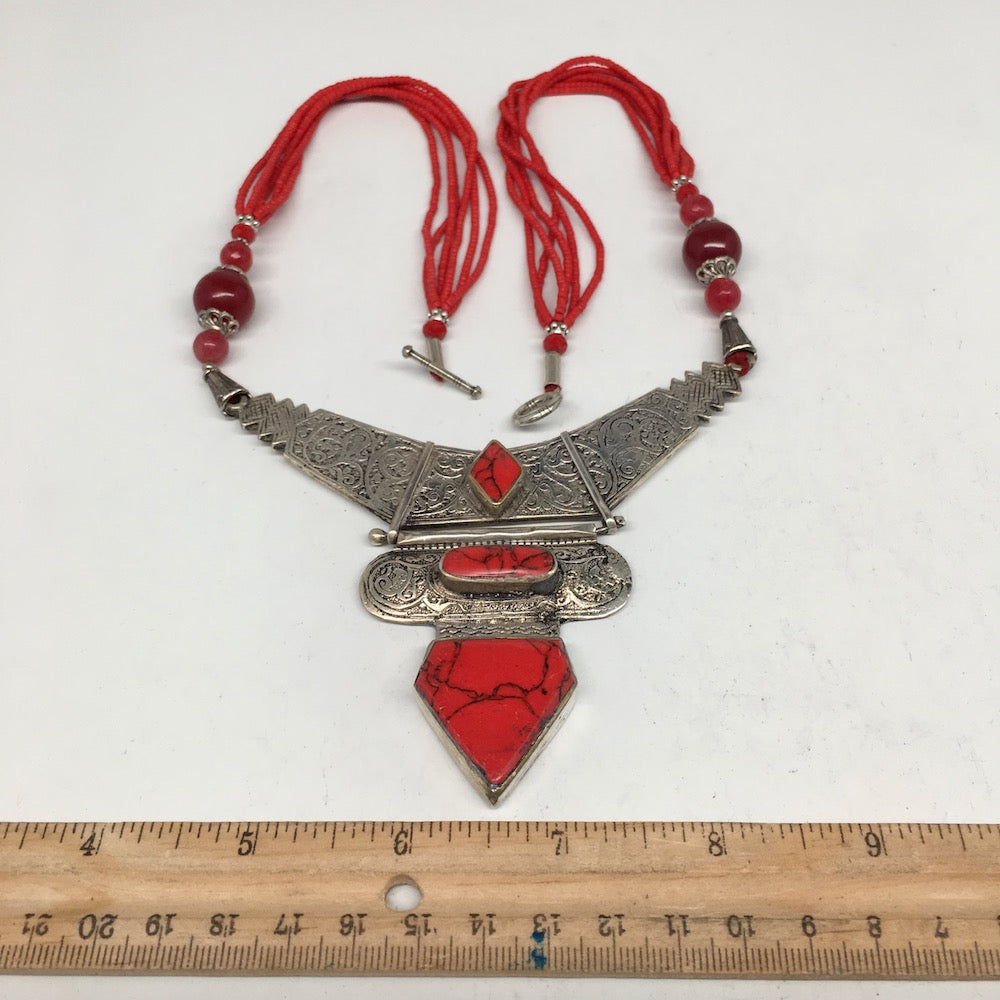 Afghan Turkmen Tribal Coral & Carnelian Inlay Beaded V-Neck Necklace VS02 - watangem.com