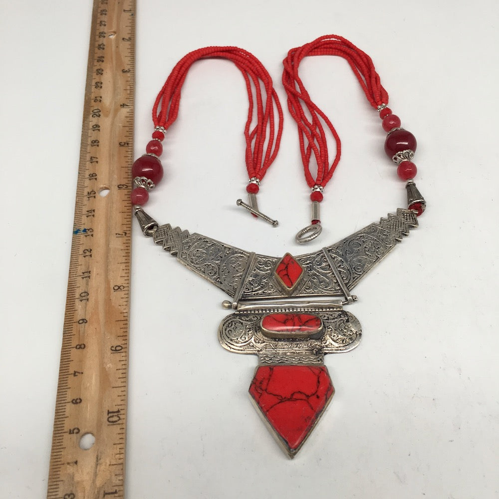 Afghan Turkmen Tribal Coral & Carnelian Inlay Beaded V-Neck Necklace VS02 - watangem.com