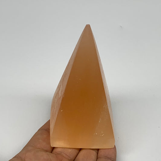 250g, 3.9"x2.1"  Orange Selenite/Satin Spar Pyramid Crystal @Morocco, B24233