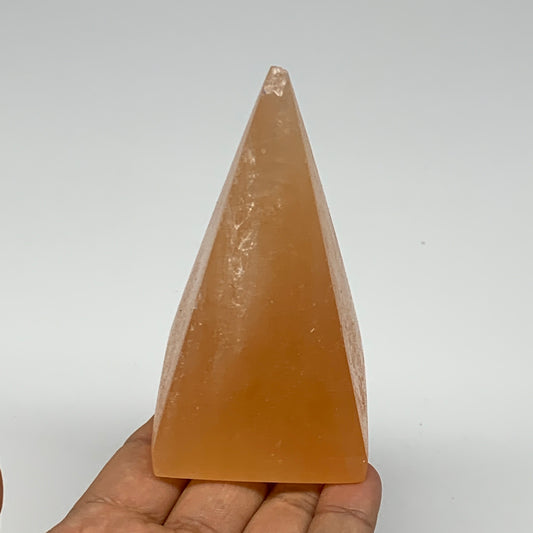 250g, 3.8"x2"  Orange Selenite/Satin Spar Pyramid Crystal @Morocco, B24237