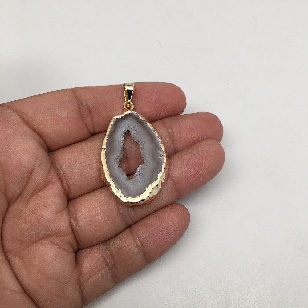 29 cts Agate Druzy Slice Geode Pendant Electroplated Gold Plated @Brazil, C901 - watangem.com