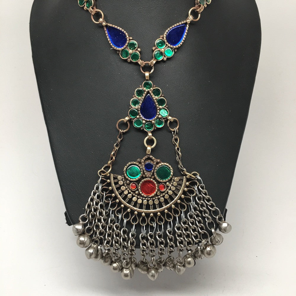 Handmade Afghan Tribal Kuchi Multi-Color Glass Bells Boho ATS Necklace, KN372 - watangem.com