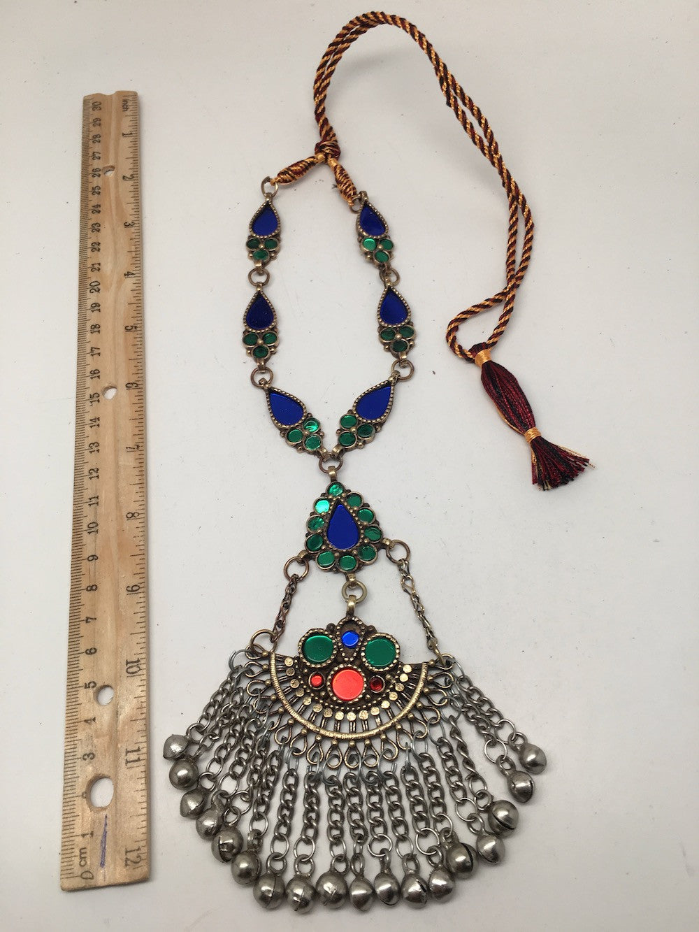 Handmade Afghan Tribal Kuchi Multi-Color Glass Bells Boho ATS Necklace, KN372 - watangem.com