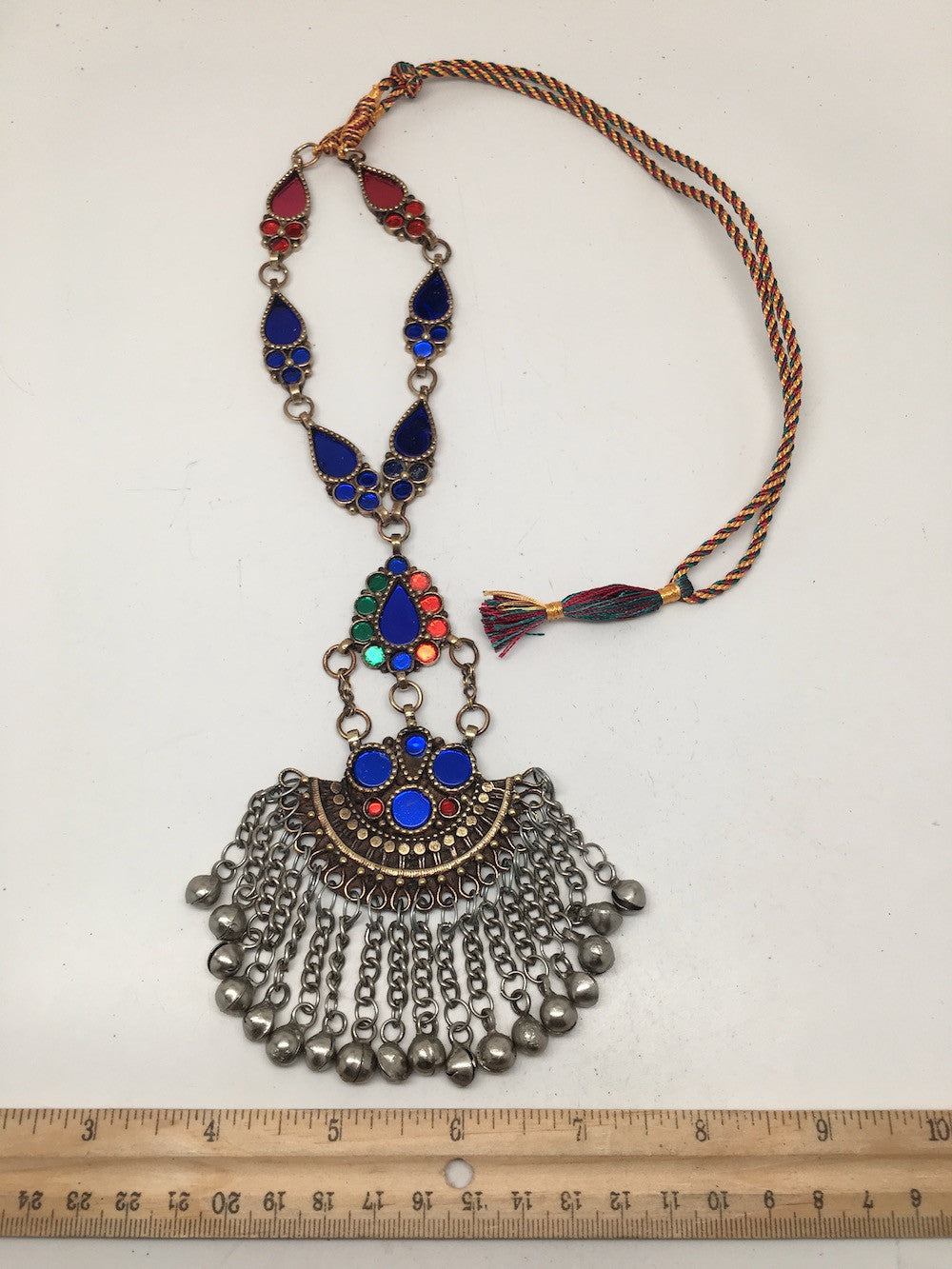 Handmade Afghan Tribal Kuchi Multi-Color Glass Bells Boho ATS Necklace, KN380