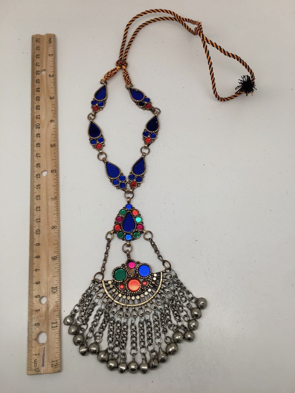 Handmade Afghan Tribal Kuchi Multi-Color Glass Bells Boho ATS Necklace, KN387